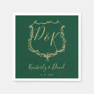 Monogrammed Gold Crest and Forest Green Wedding Napkins
