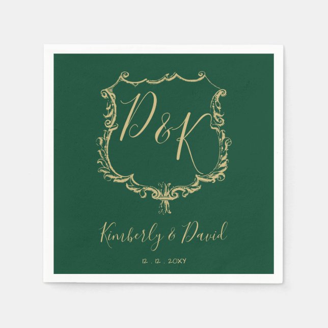 Monogrammed Gold Crest and Forest Green Wedding Napkins (Front)