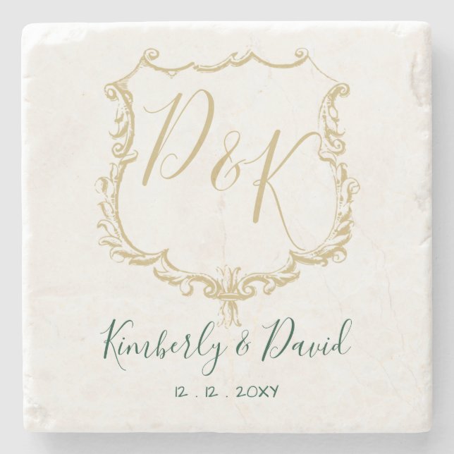 Monogrammed Gold Crest and Forest Green Wedding Stone Coaster (Front)