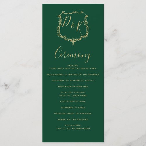 Monogrammed Gold Crest and Green Wedding programs