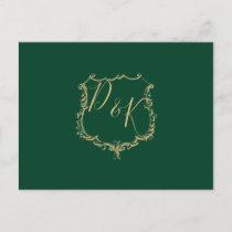 Monogrammed Gold Crest Green Wedding rsvp Postcard