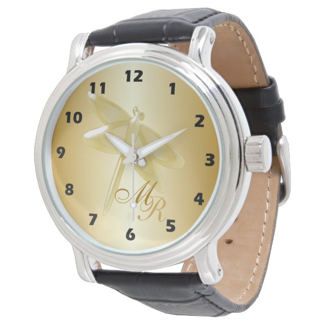 Monogrammed Gold Dragonfly Watch (Angled)
