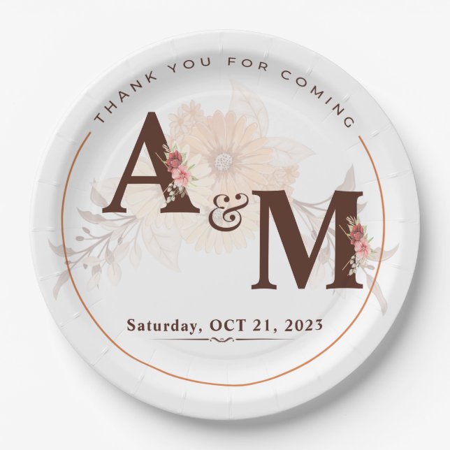 Monogrammed Gold Elegant Wedding Paper Plates (Front)