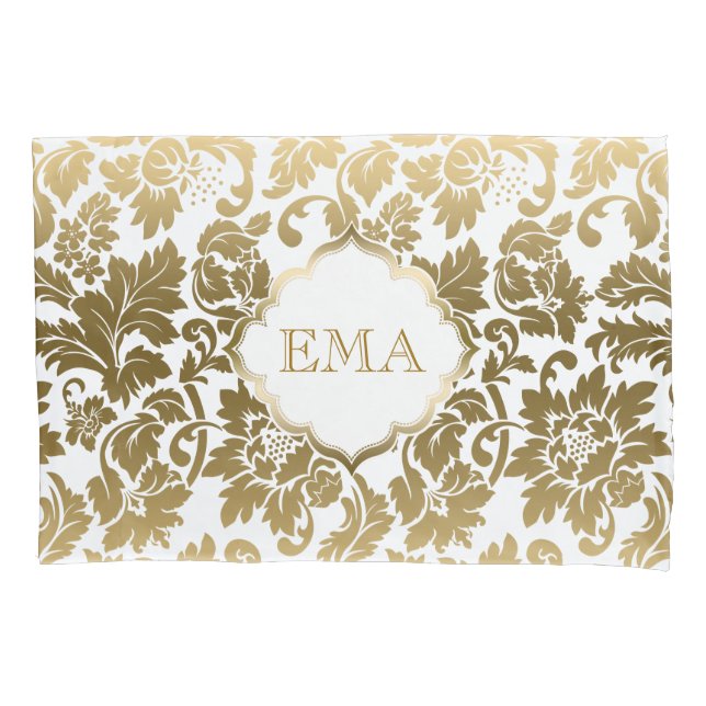 Monogrammed Gold Floral Damask Pillowcase (Front)