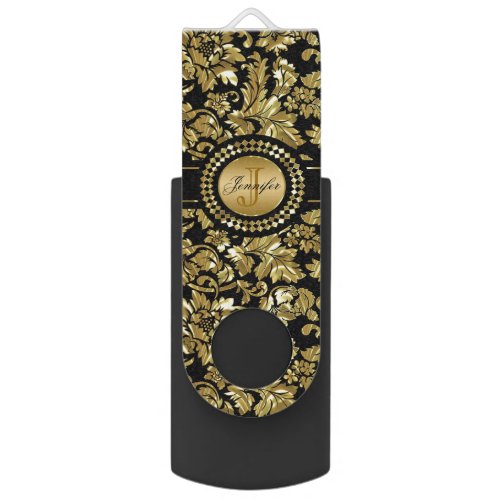 Monogrammed Gold Floral Damask USB Flash Drive