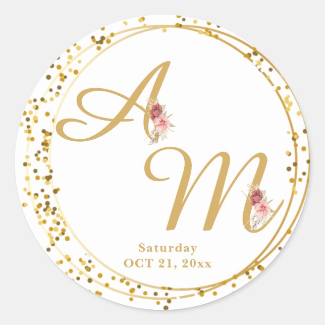 Monogrammed Gold Flower Minimal White Classic Round Sticker (Front)