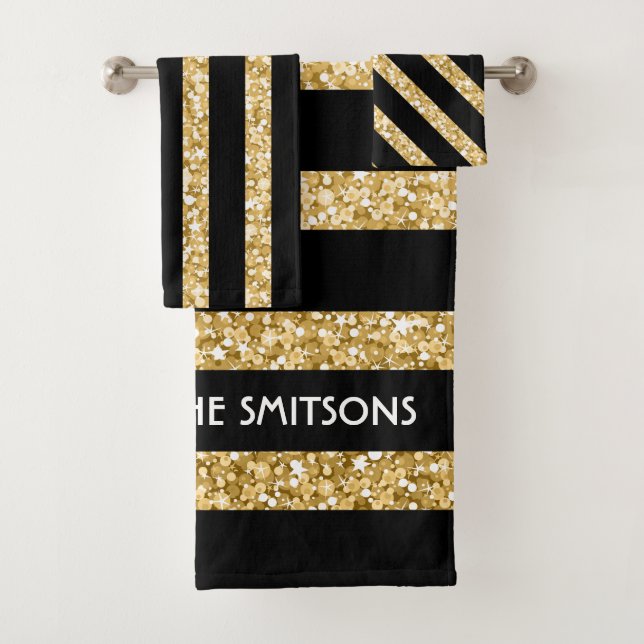 Monogrammed Gold Glitter And Black Stripes Bath Towel Set (Insitu)