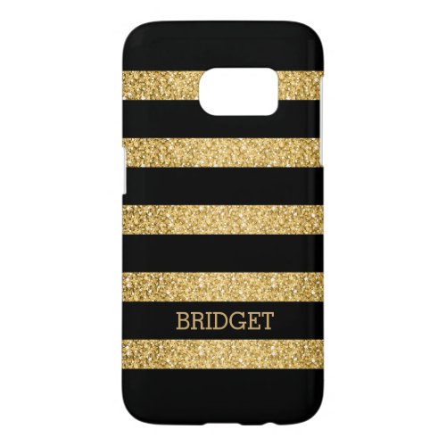 Monogrammed Gold Glitter Black Stripes Pattern Samsung Galaxy S7 Case
