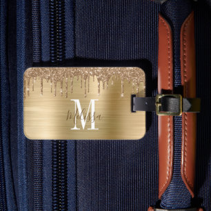 Monogrammed Gold Glitter Drip Brushed Metal Luggage Tag