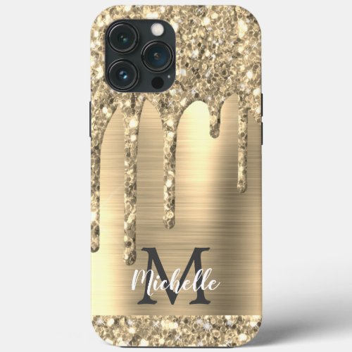 Monogrammed Gold Glitter Drips Gold Metal  Case