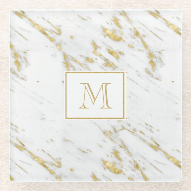 Monogrammed Gold Glitter Over White Marble Glass Coaster (Front)