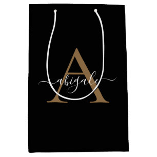Monogrammed Gold Jet Black   Minimal Elegant Medium Gift Bag