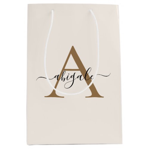 Monogrammed Gold Lace White  Minimal Elegant Medium Gift Bag