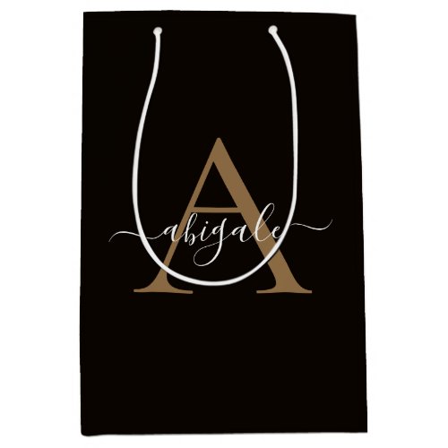 Monogrammed Gold Leather Black  Minimal Elegant Medium Gift Bag
