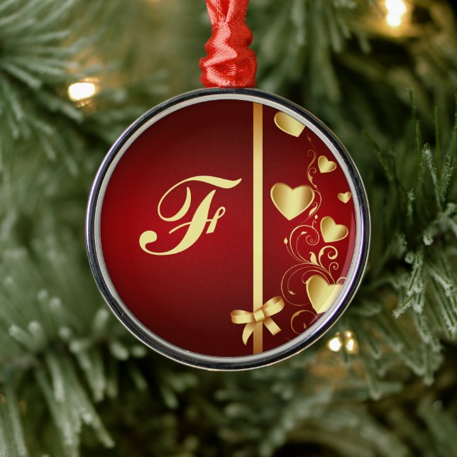 Monogrammed Gold Love Hearts and Flourishes Metal Ornament (Tree)