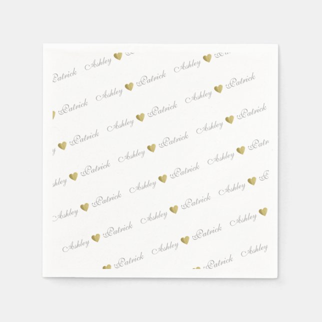 Monogrammed + gold love hearts, wedding paper napkins (Front)