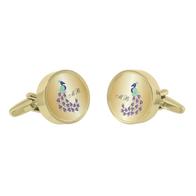 Monogrammed Gold Peacock Design Cufflinks (Angled)