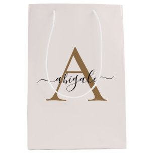 Monogrammed Gold Pearl White Minimal Elegant Medium Gift Bag