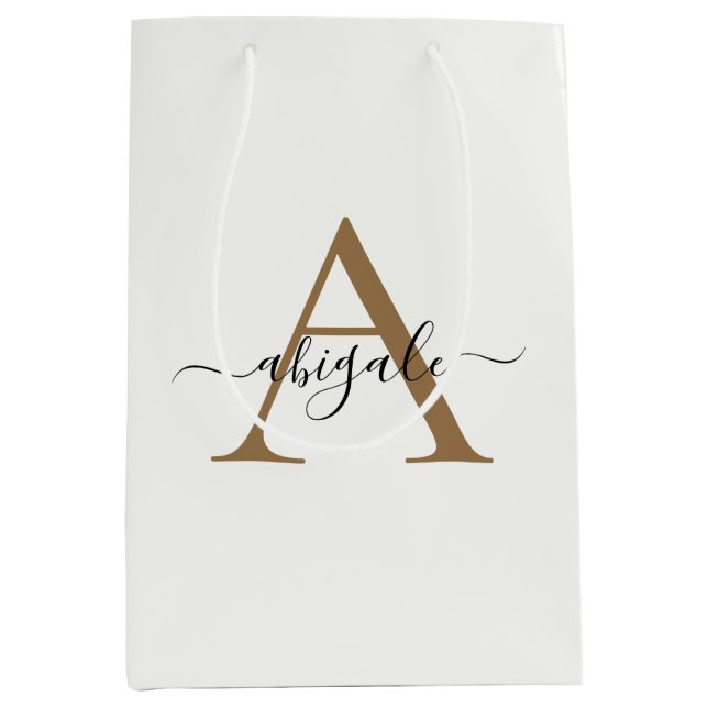 Monogrammed Gold Pearl White | Minimal Elegant Medium Gift Bag (Front)