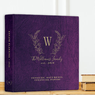 Monogrammed gold purple leather estate planning 3 ring binder