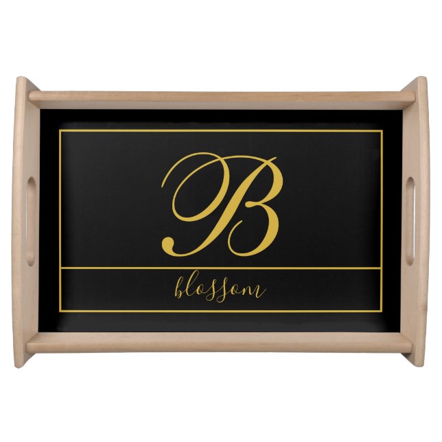 Monogrammed Gold Script Black Serving Tray (Front)