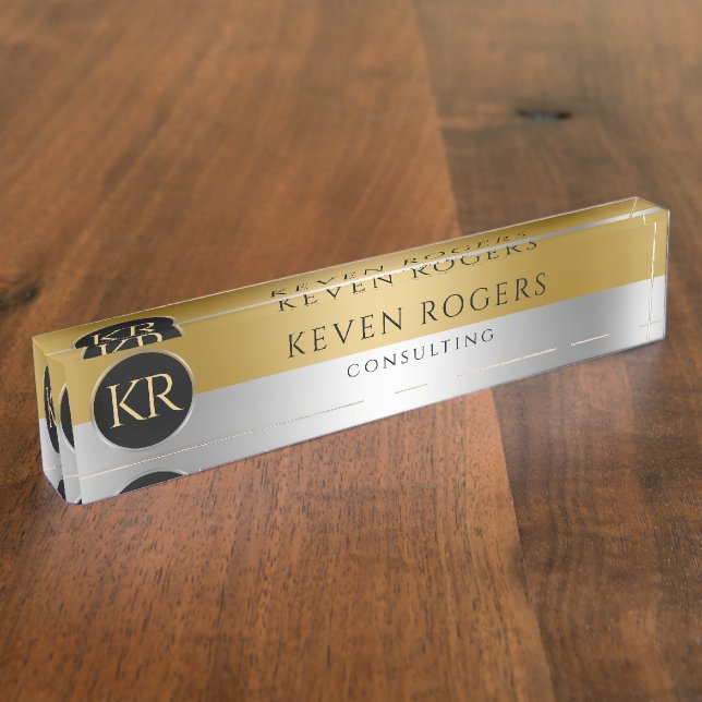 Monogrammed Gold & Silver Modern Geometric Design Desk Name Plate (Side)