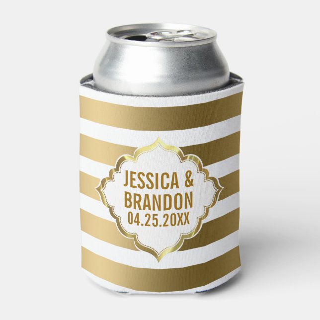 Monogrammed Gold Stripes Geometric Pattern 2 Can Cooler (Can Front)