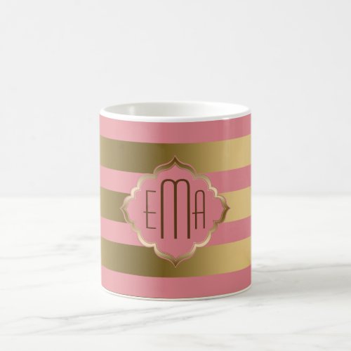 Monogrammed Gold Stripes  Pink Geometric Pattern Coffee Mug