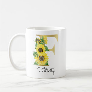 Monogrammed Gold Sunflower Floral Initial F Coffee Mug