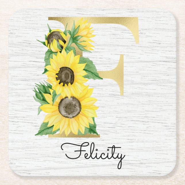 Monogrammed Gold Sunflower Floral Initial F Square Paper Coaster (Front)