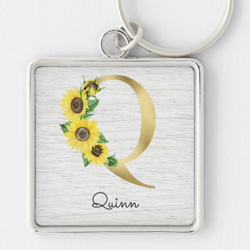 Monogrammed Gold Sunflower Floral Initial Q Keychain