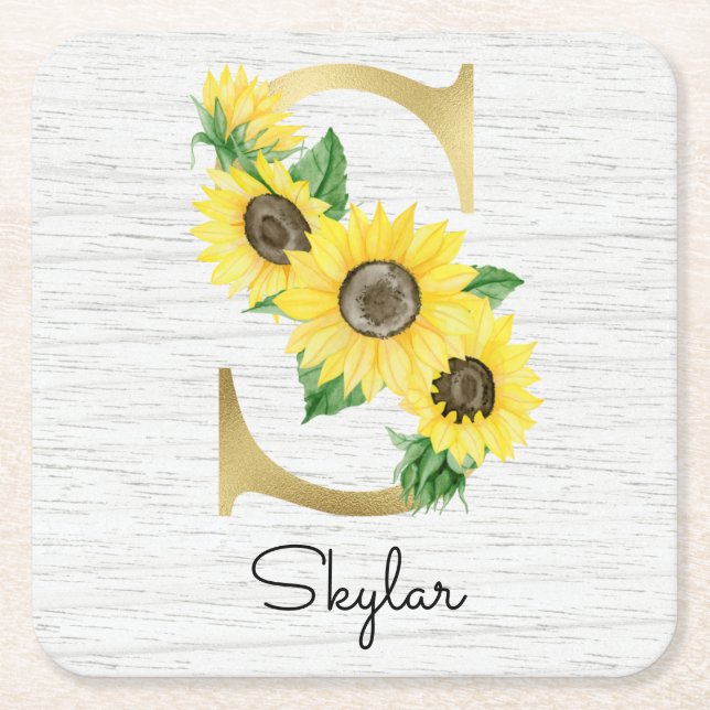 Monogrammed Gold Sunflower Floral Initial S Square Paper Coaster (Front)