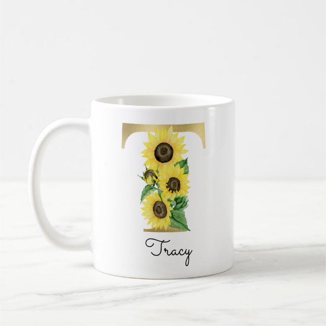 Monogrammed Gold Sunflower Floral Initial T Coffee Mug (Left)