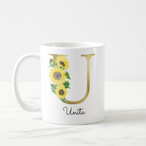 Monogrammed Gold Sunflower Floral Initial U Coffee Mug