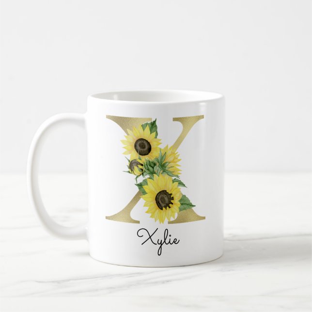 Monogrammed Gold Sunflower Floral Initial X Coffee Mug (Left)