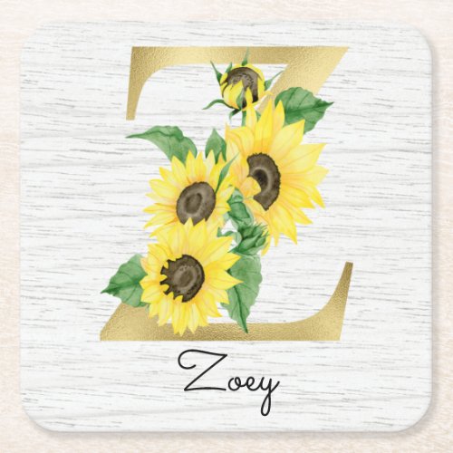 Monogrammed Gold Sunflower Floral Initial Z Square Paper Coaster