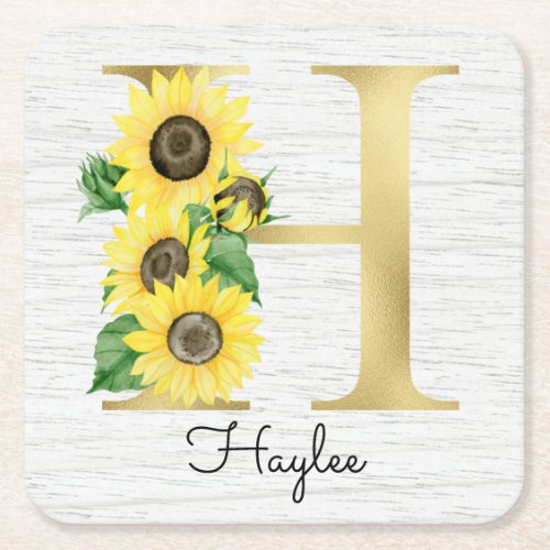 Monogrammed Gold Sunflowers Initial H Square Paper Coaster