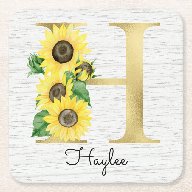 Monogrammed Gold Sunflowers Initial H Square Paper Coaster (Front)