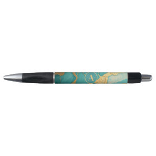 Monogrammed Gold & Teal Luxe Marble Pen