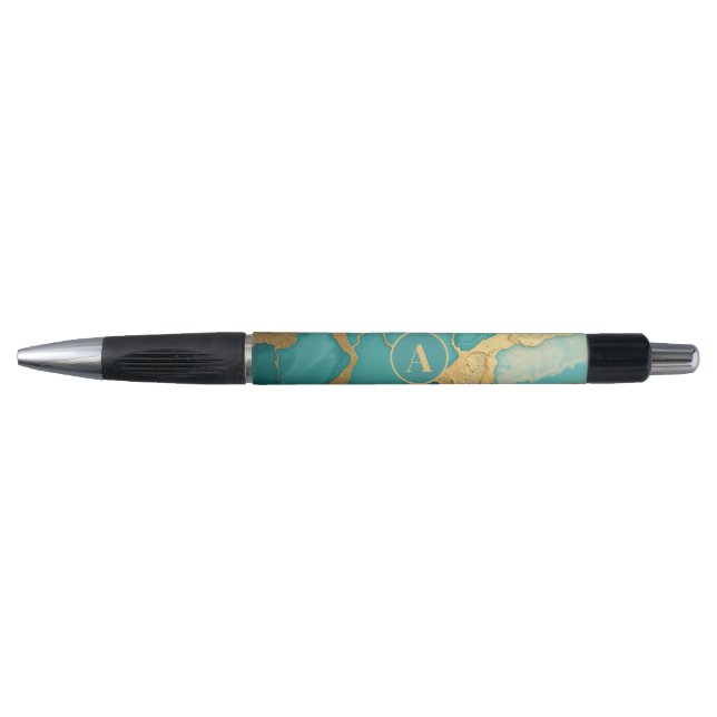 Monogrammed Gold & Teal Luxe Marble Pen (Front)
