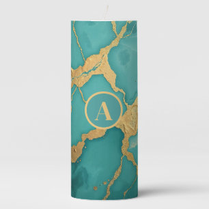 Monogrammed Gold & Teal Luxe Marble Pillar Candle