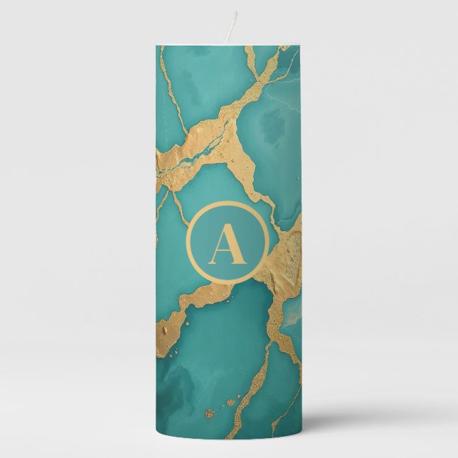 Monogrammed Gold & Teal Luxe Marble Pillar Candle (Front)