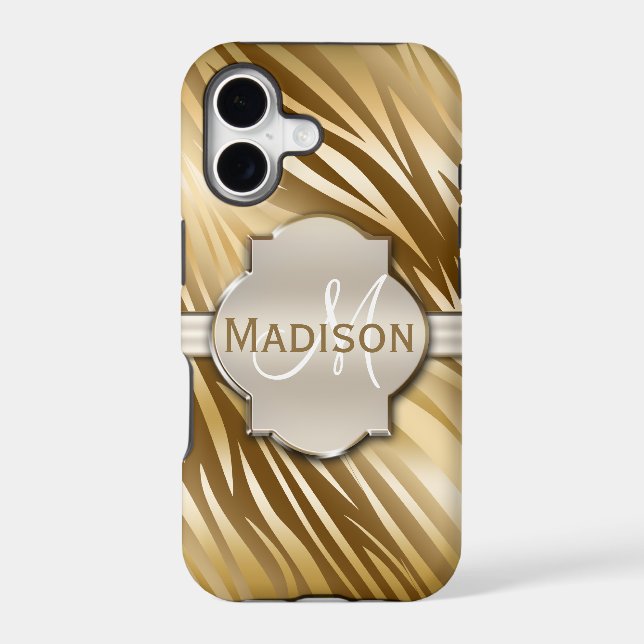 Monogrammed Gold Zebra Print Pattern Iphone Case (Back)