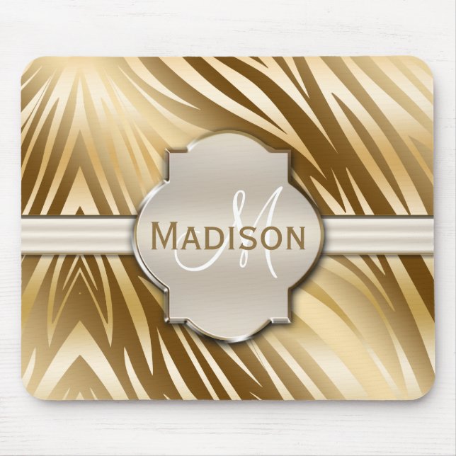 Monogrammed Gold Zebra Print Pattern Mouse Pad (Front)