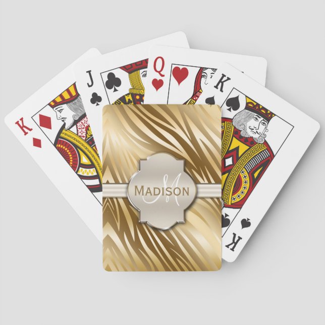 Monogrammed Gold Zebra Print Pattern Poker Cards (Back)
