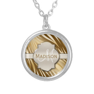 Monogrammed Gold Zebra Print Pattern Silver Plated Necklace