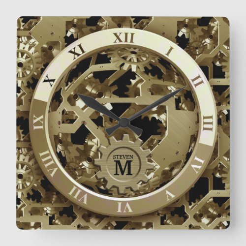 Monogrammed Golden Clock Gears Roman Numerals