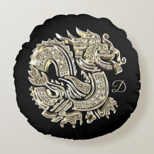 Monogrammed Golden Dragon Elegant Decorative Round Pillow