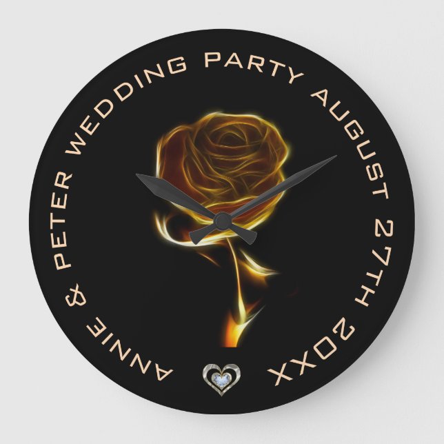 Monogrammed Golden Flame of Rose Over Black Large Clock (Front)
