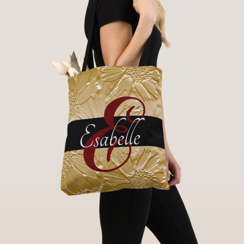 Monogrammed Golden Floral Tote Bag 